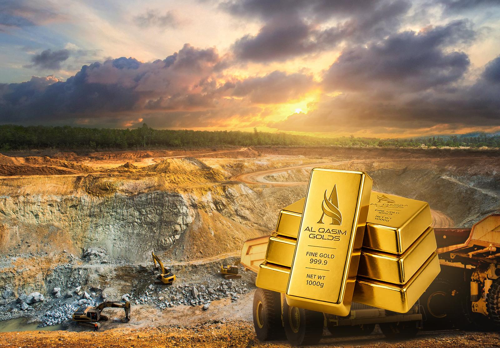 Al Qasim Golds bars in front of an open-pit gold mine